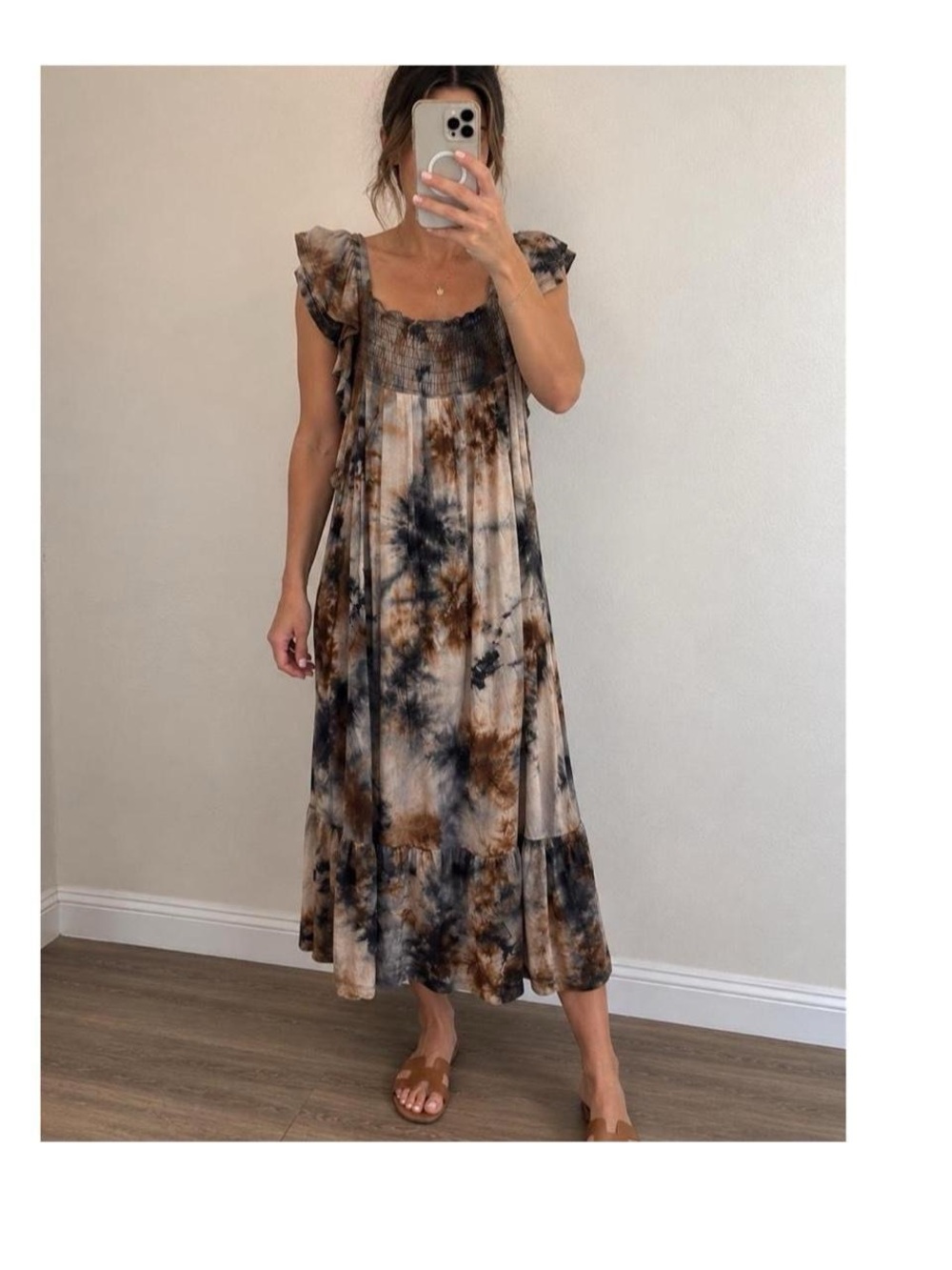 Amana boho Smocked Tie-Dye Midi Dress with Ruffle Sleeves in Brown & Black